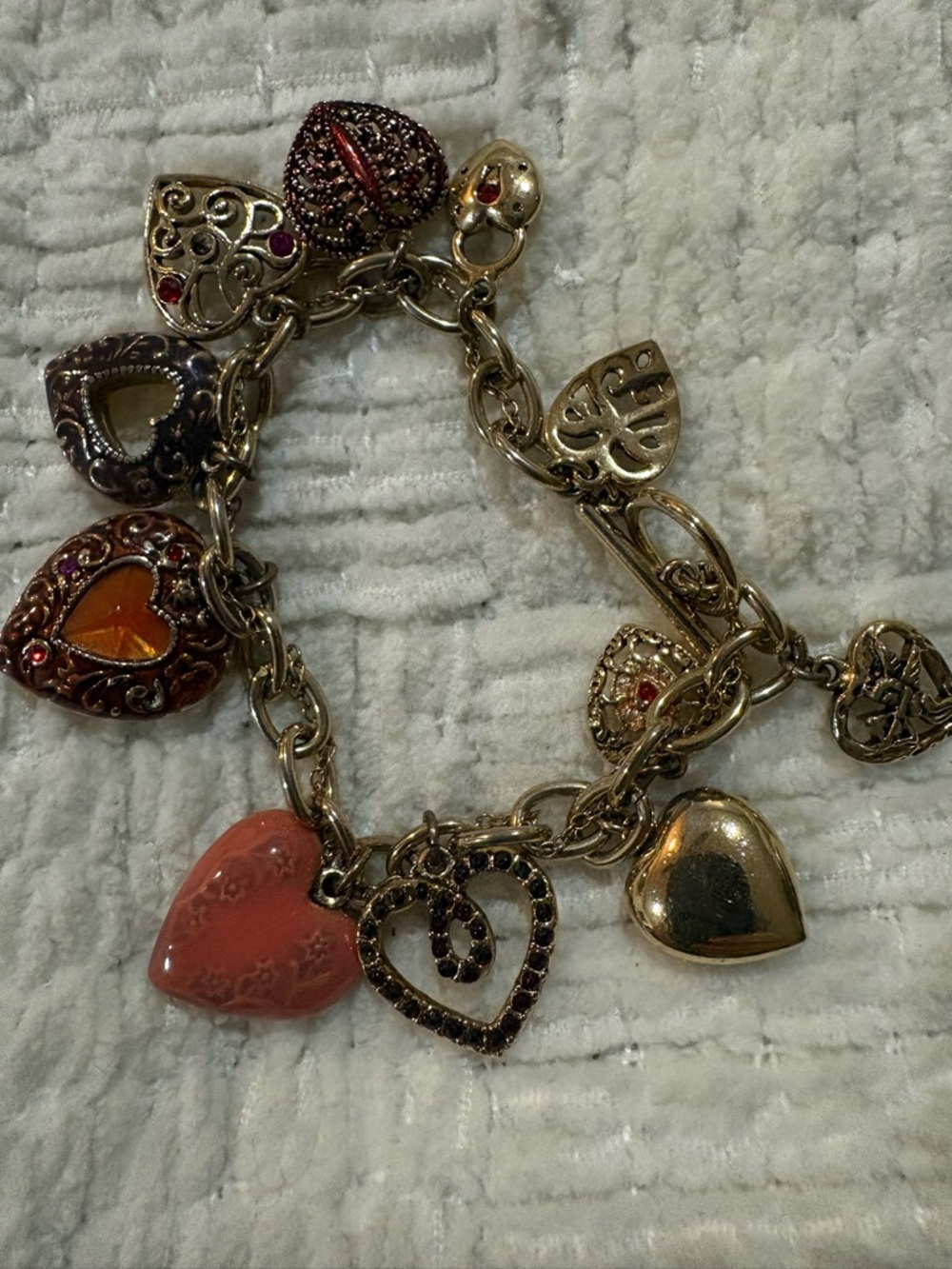 Gold-Tone Heart Charm Bracelet with Coral and Garnet Accents